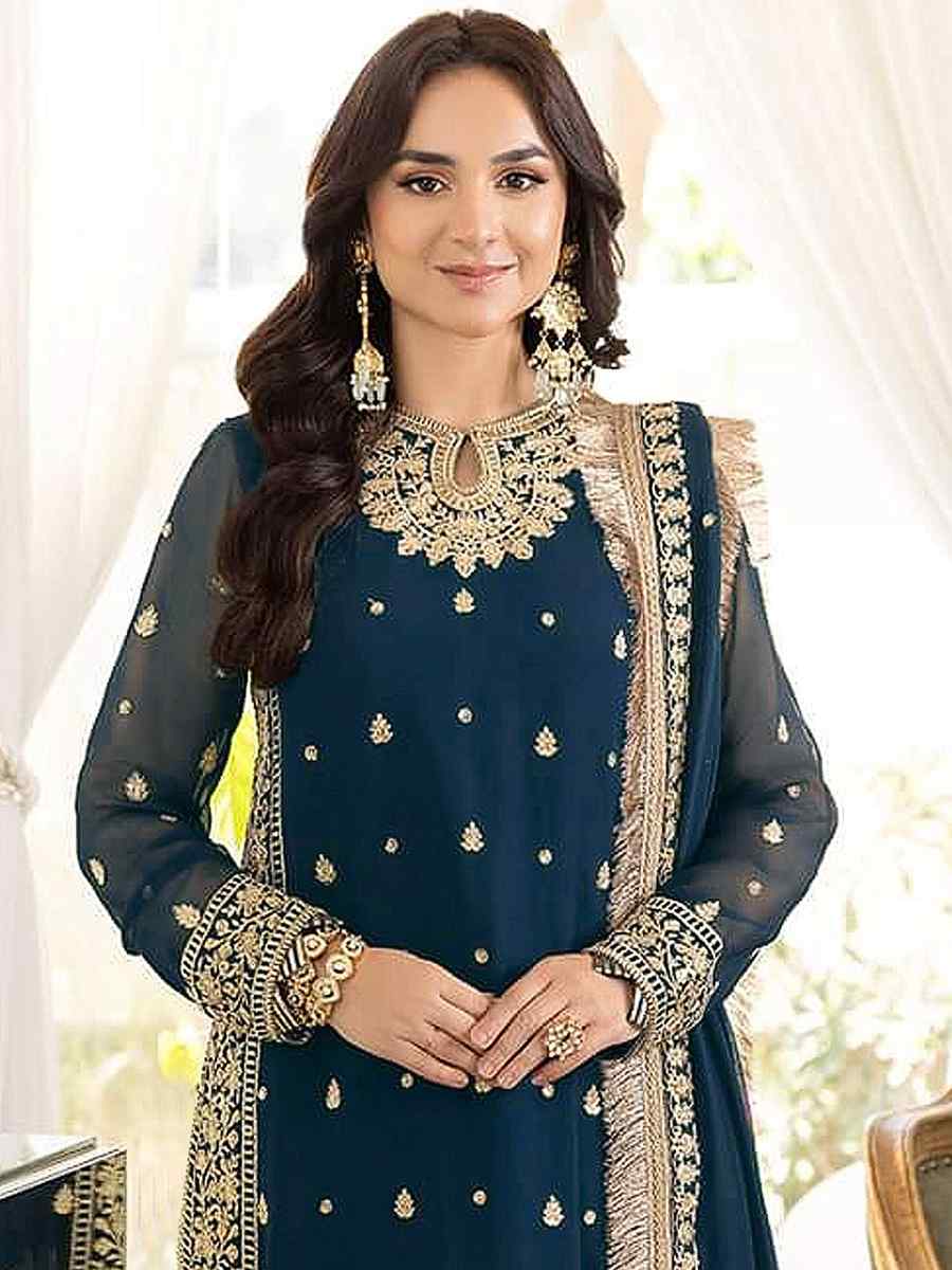 Blue Faux Georgette Embroidered Festival Party Pant Salwar Kameez