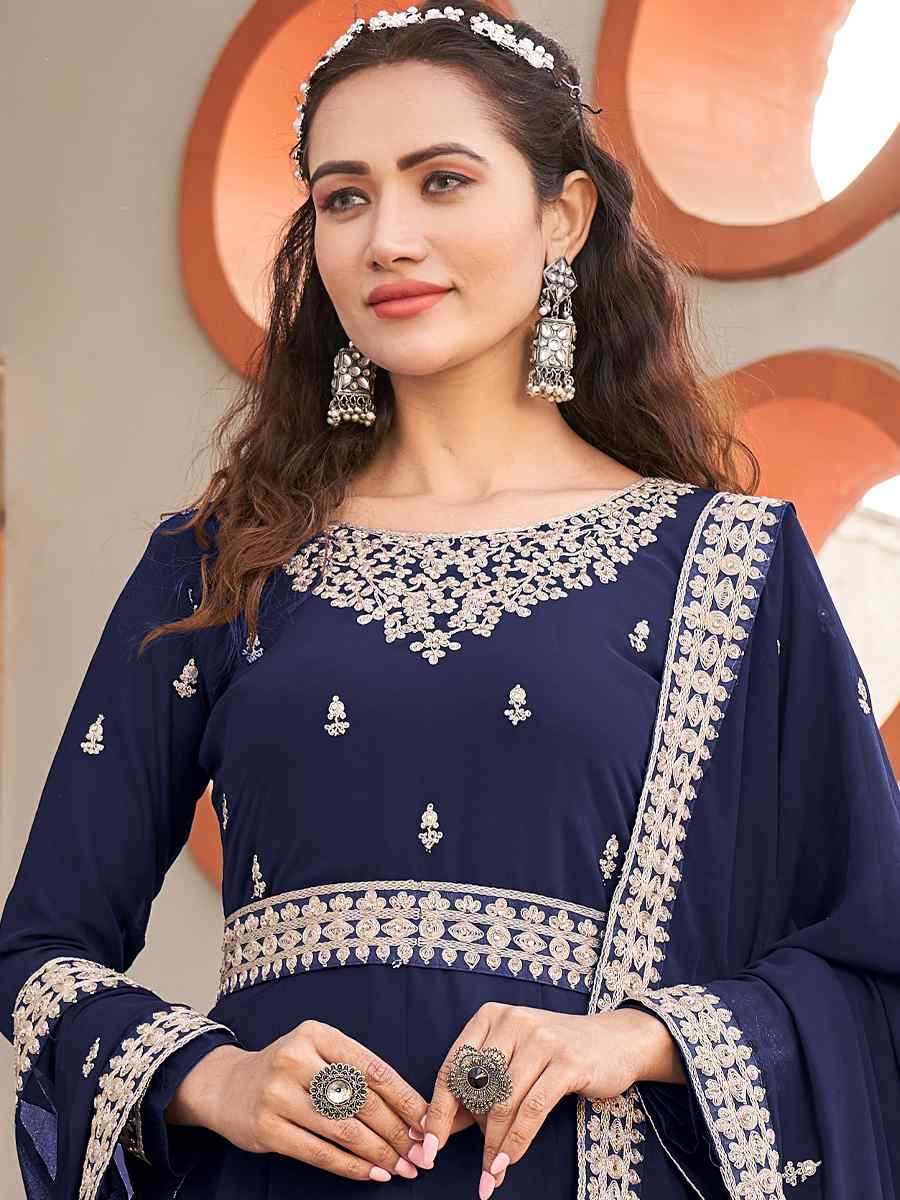 Blue Faux Georgette Embroidered Festival Wedding Anarkali Salwar Kameez