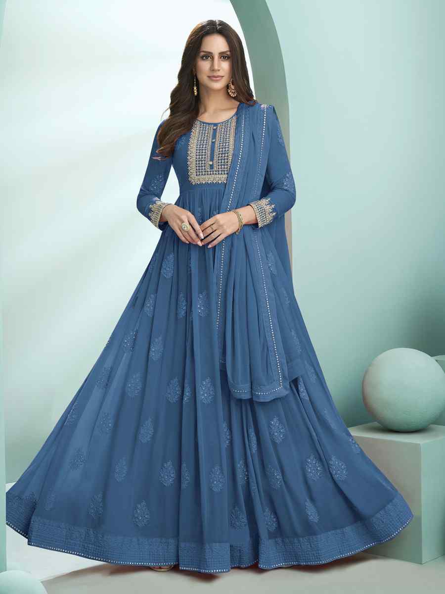 Blue Faux Georgette Embroidered Festival Wedding Anarkali Salwar Kameez