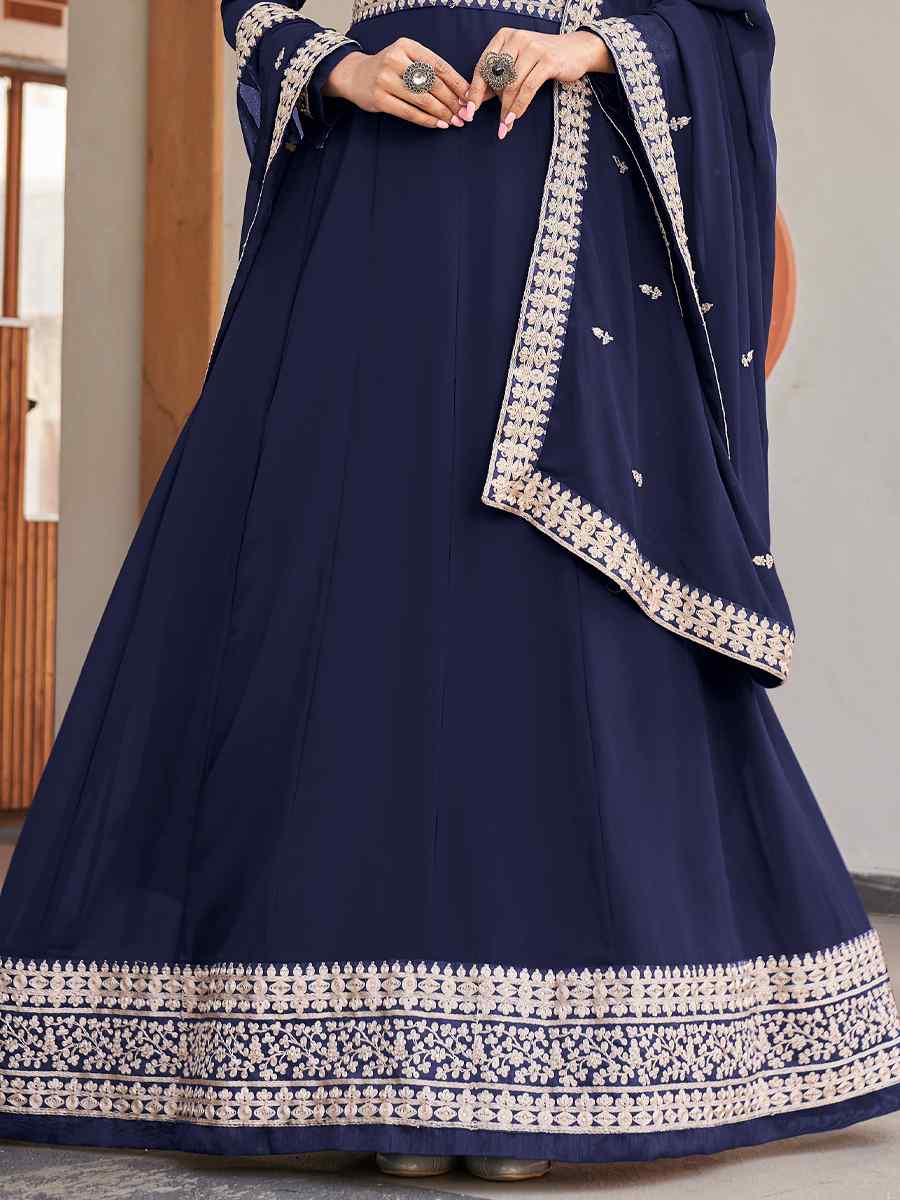 Blue Faux Georgette Embroidered Festival Wedding Anarkali Salwar Kameez