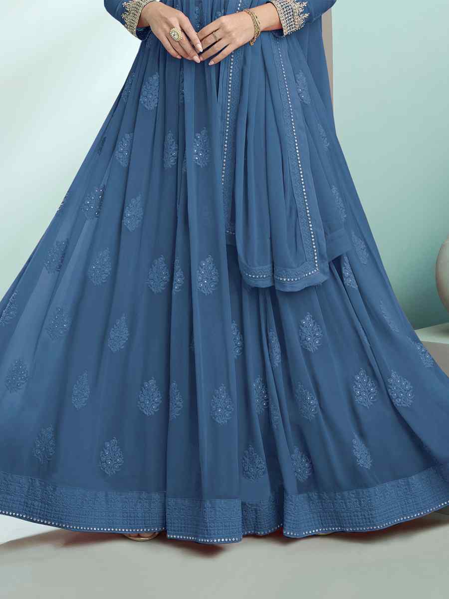 Blue Faux Georgette Embroidered Festival Wedding Anarkali Salwar Kameez