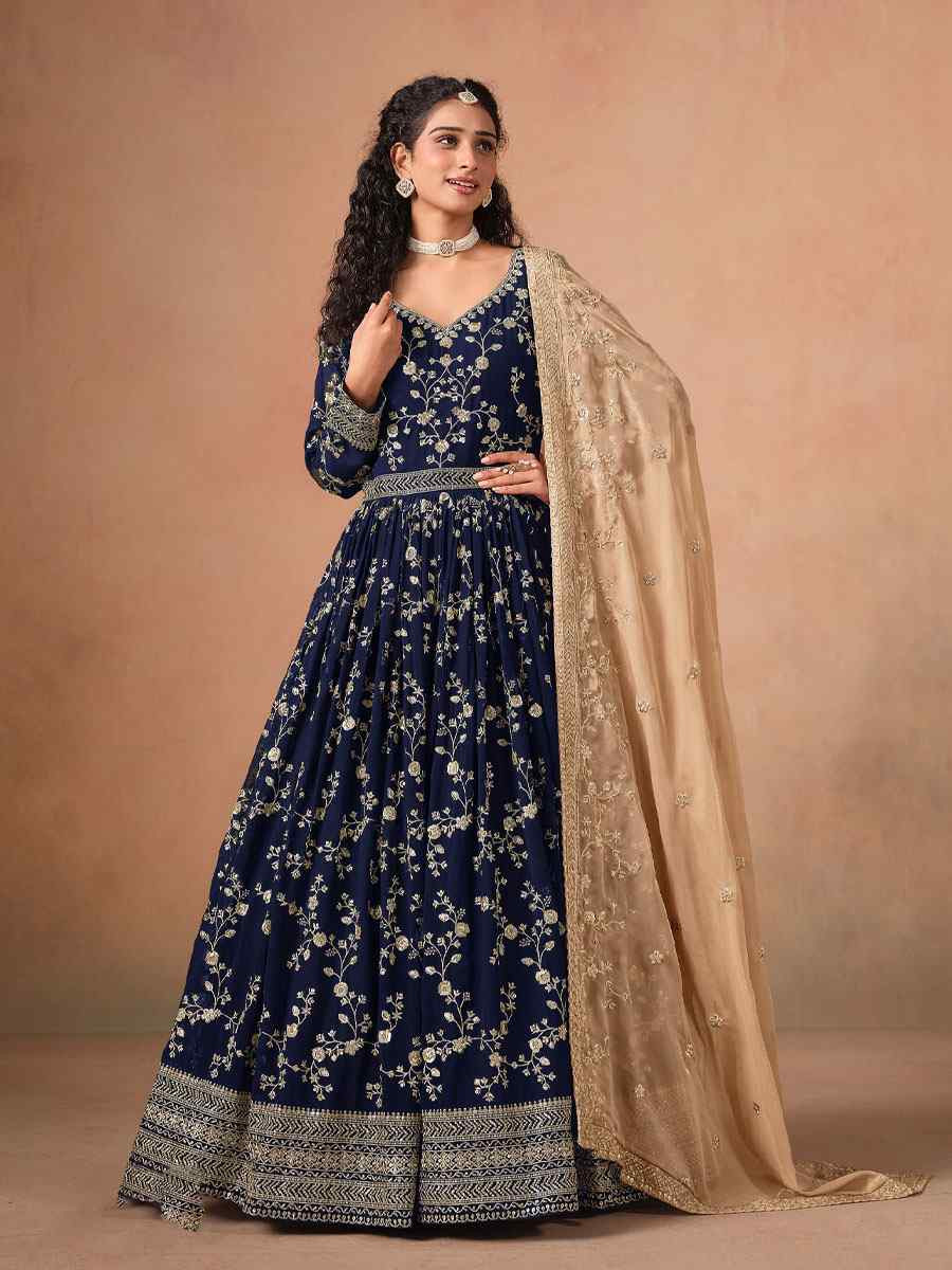 Blue Faux Georgette Embroidered Festival Wedding Anarkali Salwar Kameez