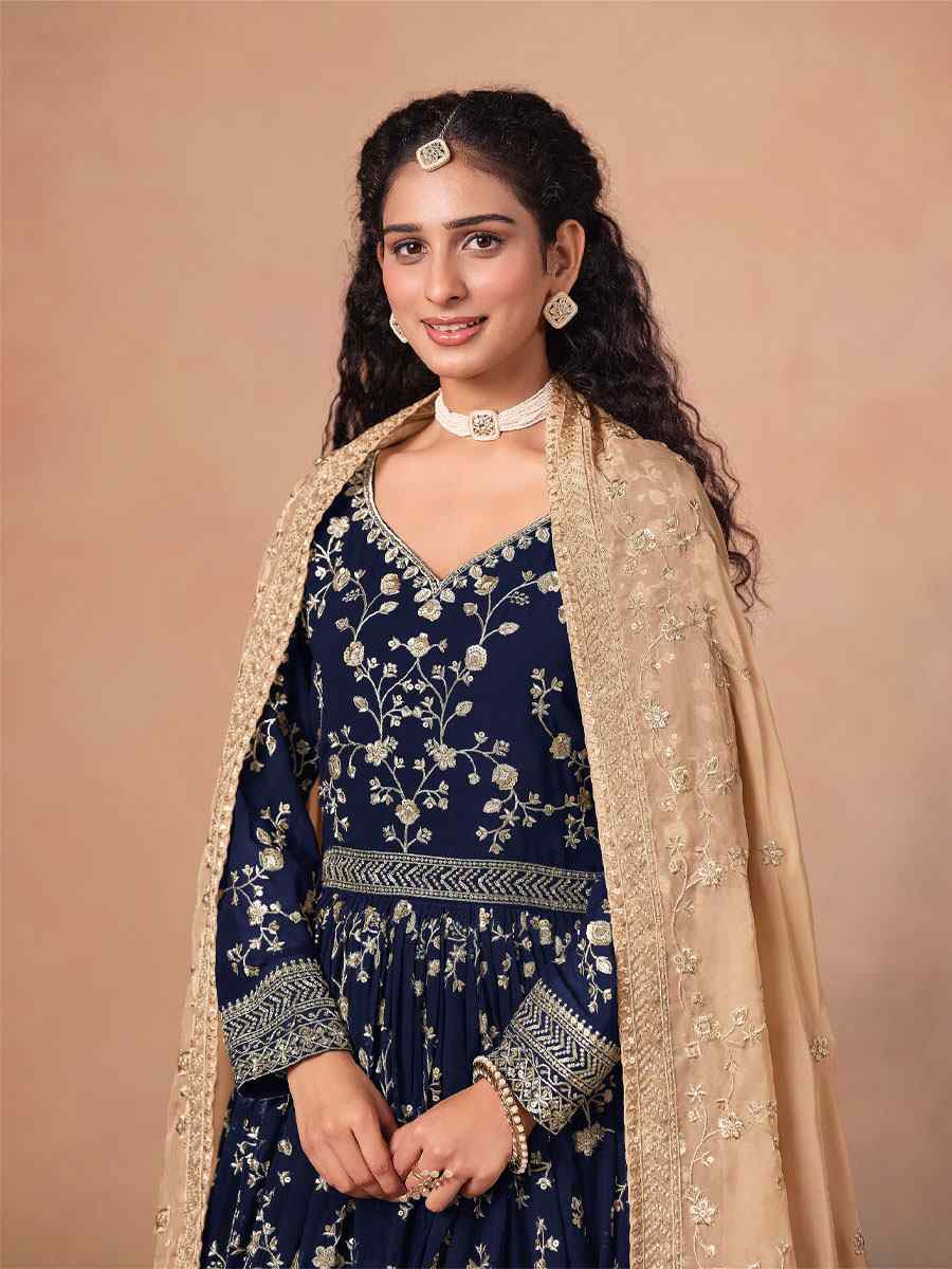 Blue Faux Georgette Embroidered Festival Wedding Anarkali Salwar Kameez