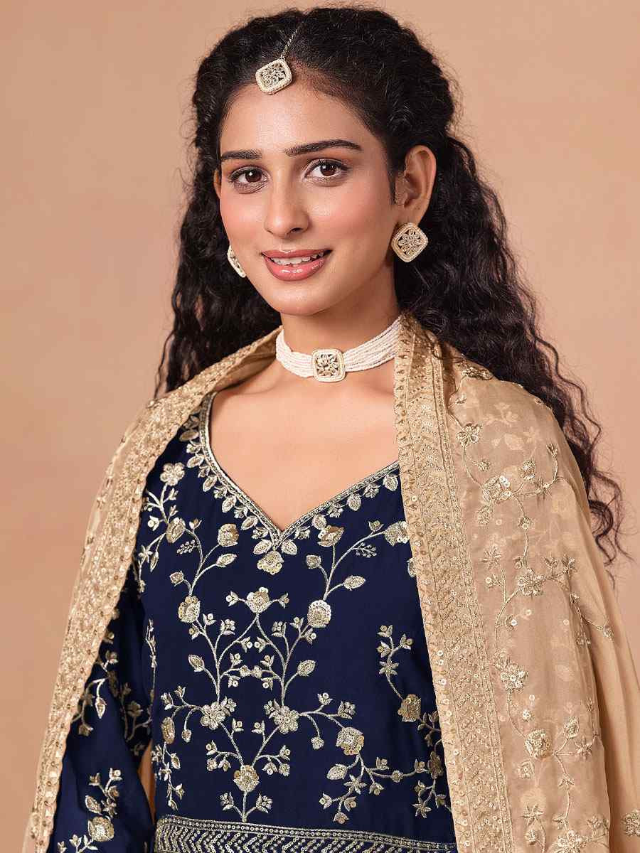 Blue Faux Georgette Embroidered Festival Wedding Anarkali Salwar Kameez