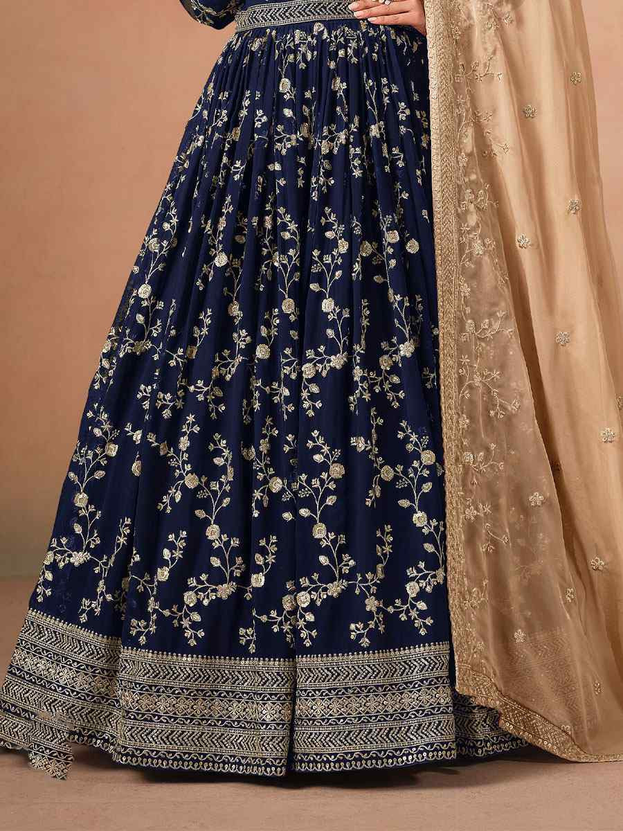 Blue Faux Georgette Embroidered Festival Wedding Anarkali Salwar Kameez