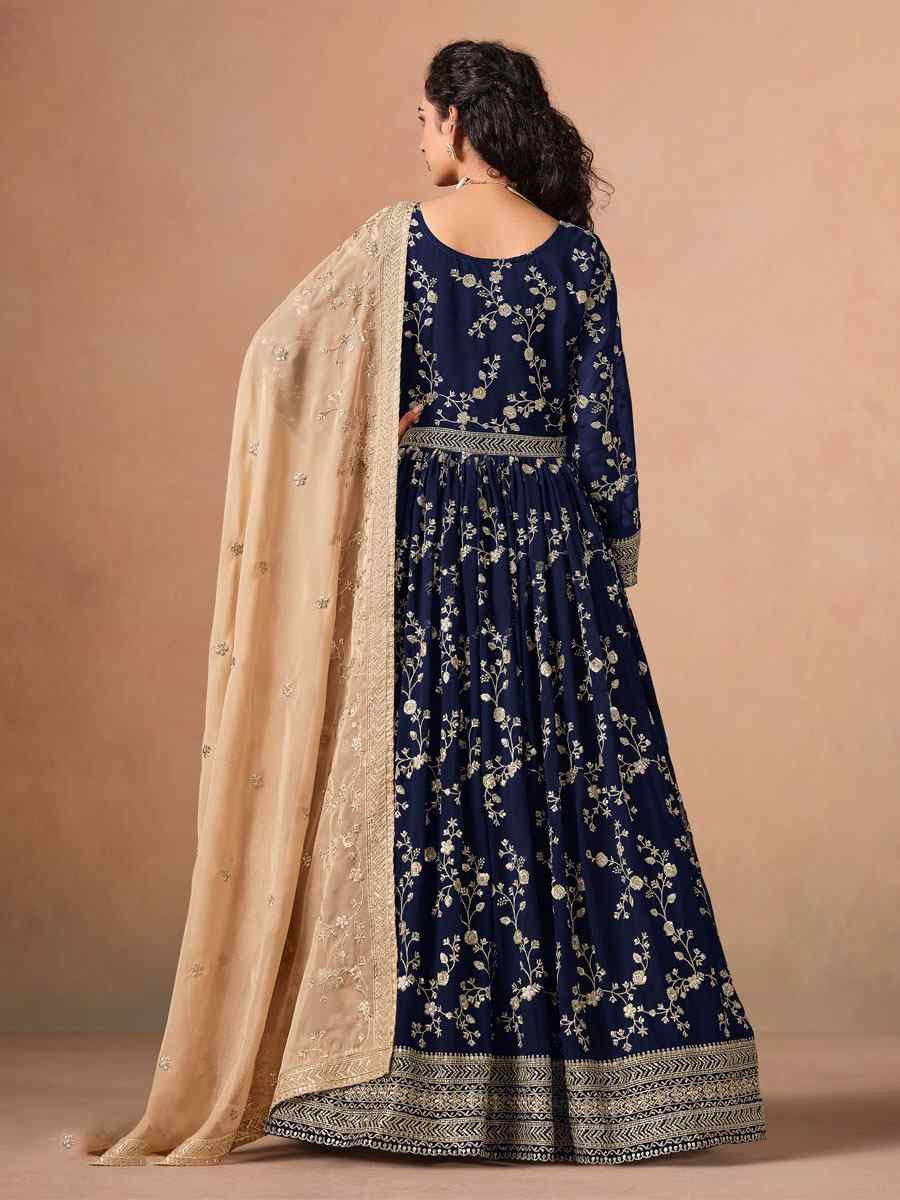 Blue Faux Georgette Embroidered Festival Wedding Anarkali Salwar Kameez
