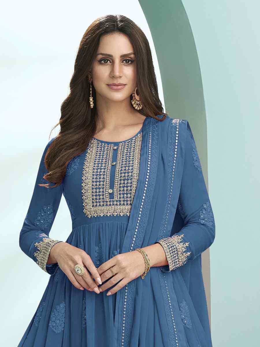 Blue Faux Georgette Embroidered Festival Wedding Anarkali Salwar Kameez