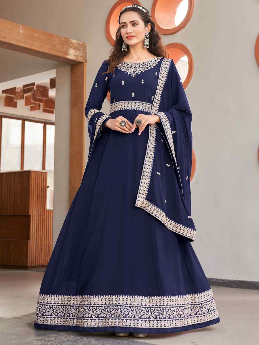 Blue Faux Georgette Embroidered Festival Wedding Anarkali Salwar Kameez