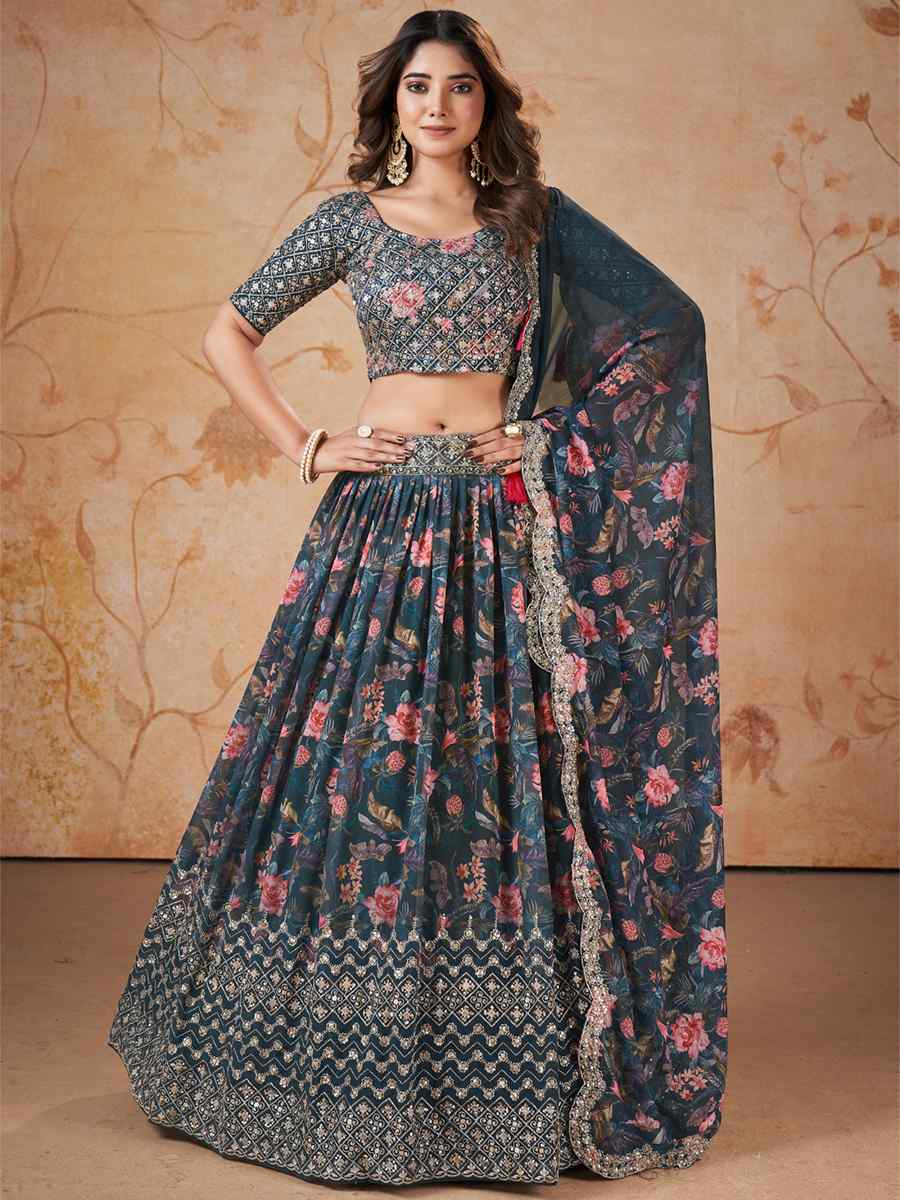 Blue Faux Georgette Embroidered Festival Wedding Circular Lehenga Choli