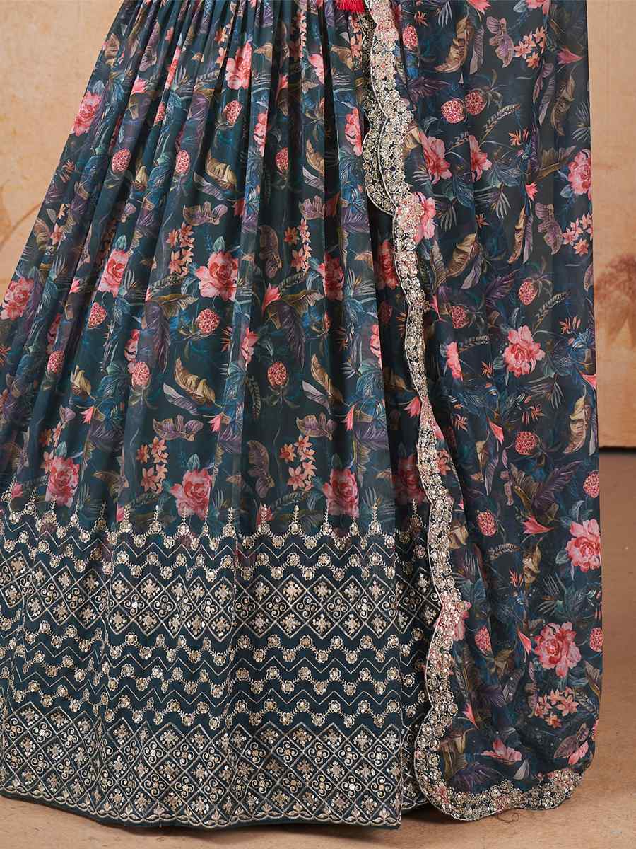 Blue Faux Georgette Embroidered Festival Wedding Circular Lehenga Choli