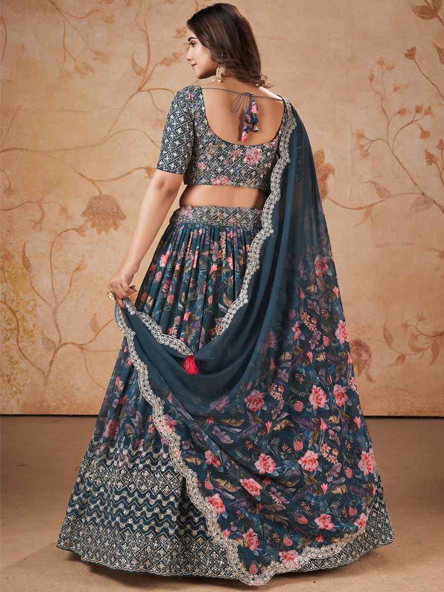 Blue Faux Georgette Embroidered Festival Wedding Circular Lehenga Choli