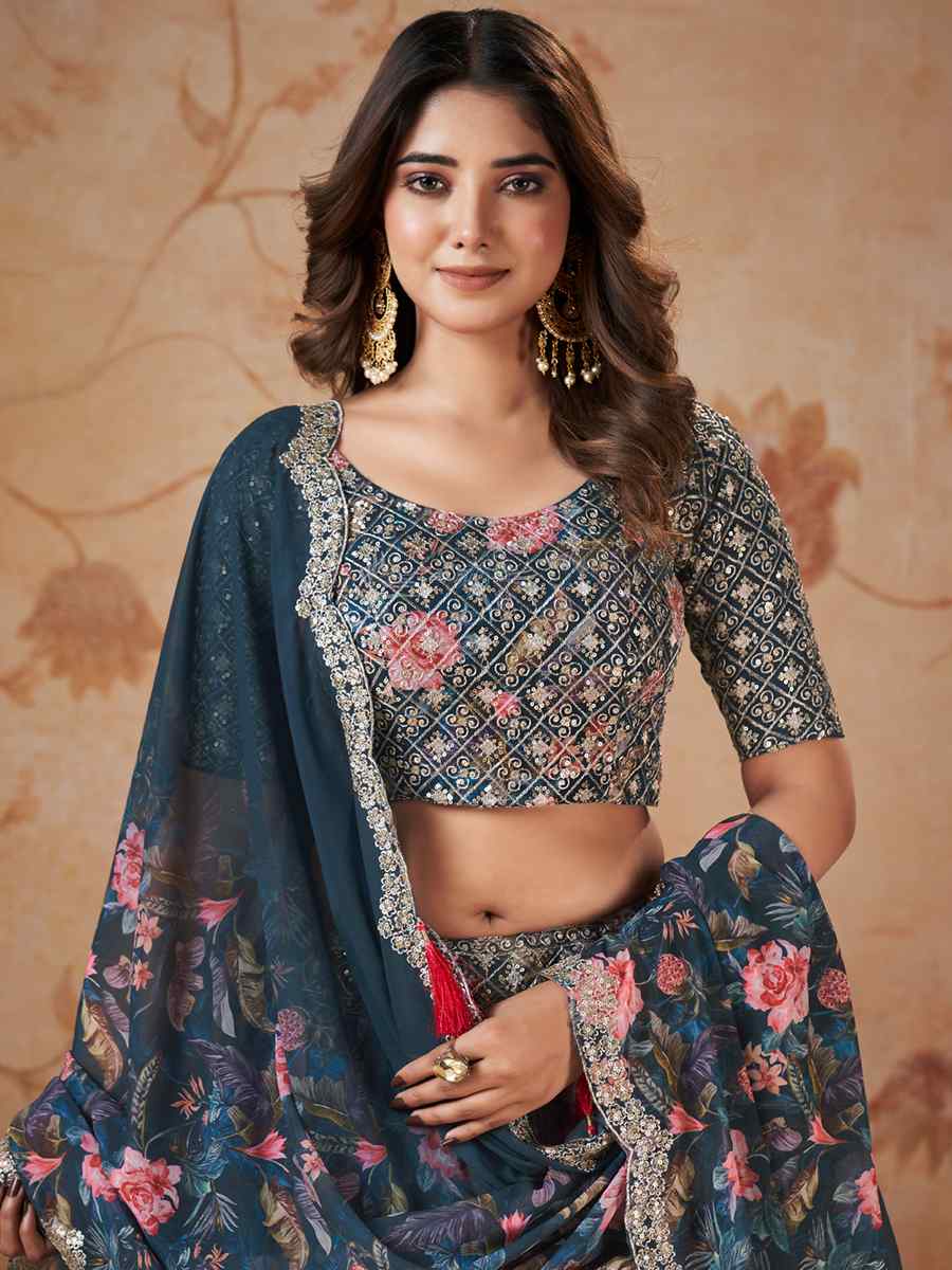 Blue Faux Georgette Embroidered Festival Wedding Circular Lehenga Choli