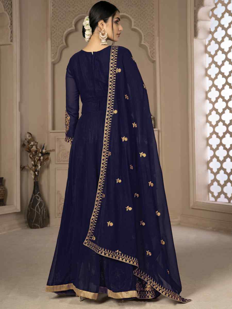 Blue Faux Georgette Embroidered Festival Wedding Lawn Salwar Kameez