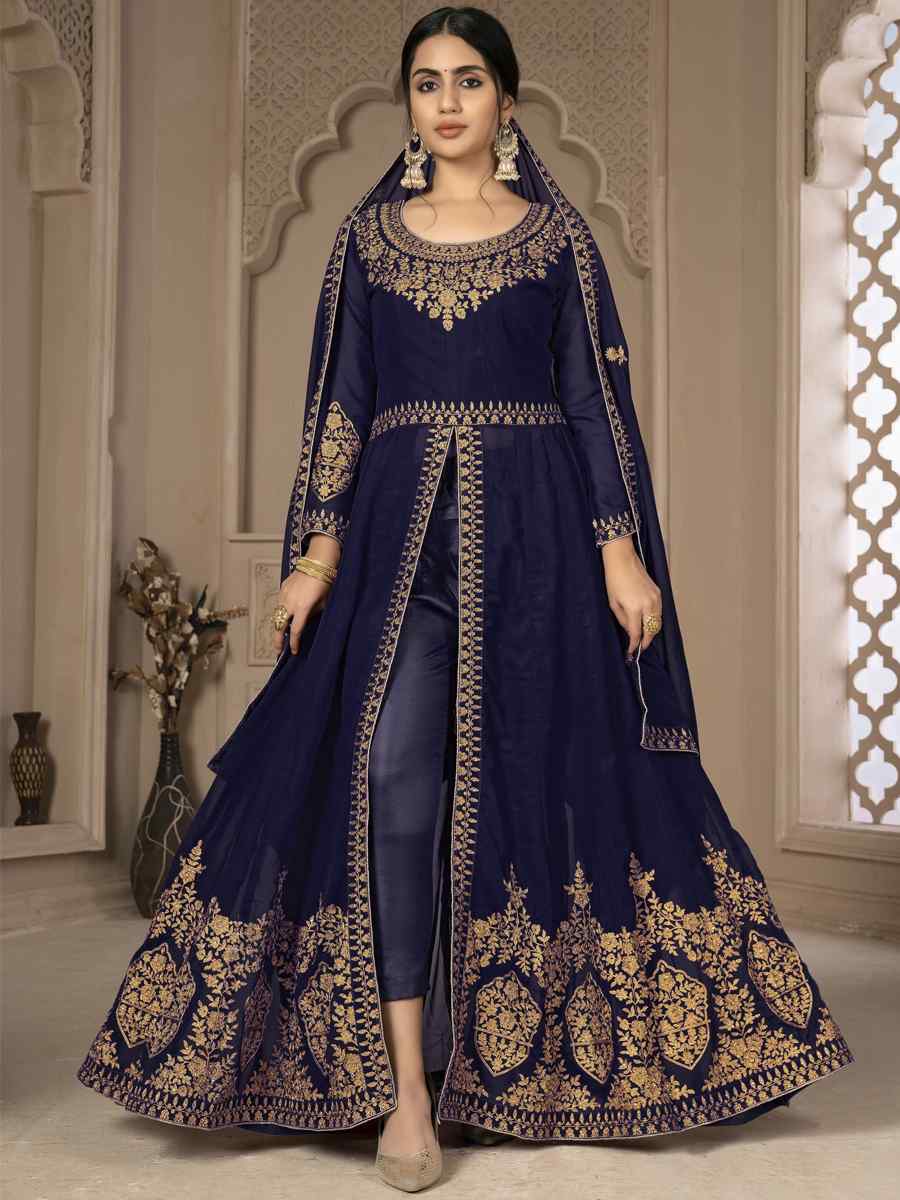 Blue Faux Georgette Embroidered Festival Wedding Lawn Salwar Kameez