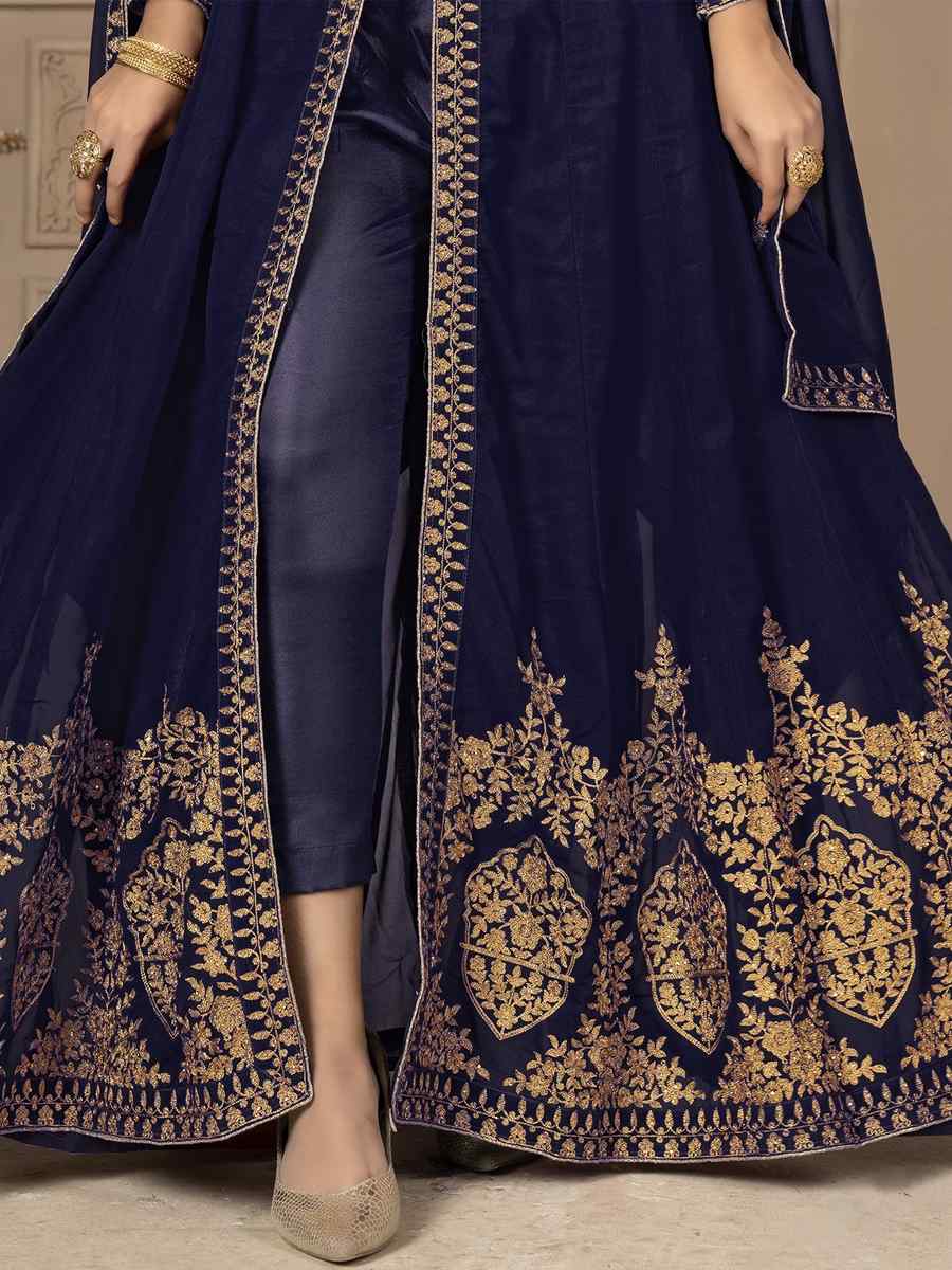 Blue Faux Georgette Embroidered Festival Wedding Lawn Salwar Kameez