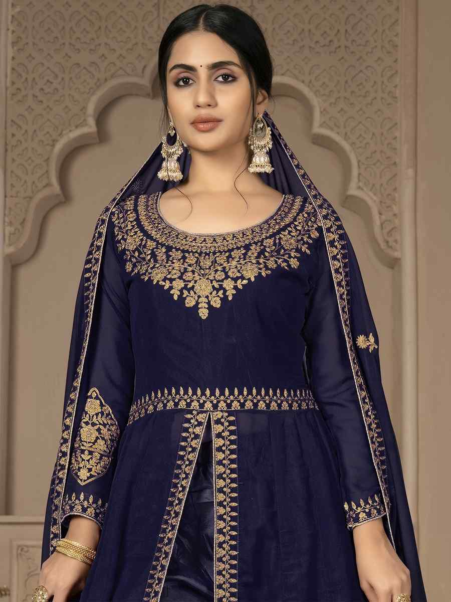 Blue Faux Georgette Embroidered Festival Wedding Lawn Salwar Kameez