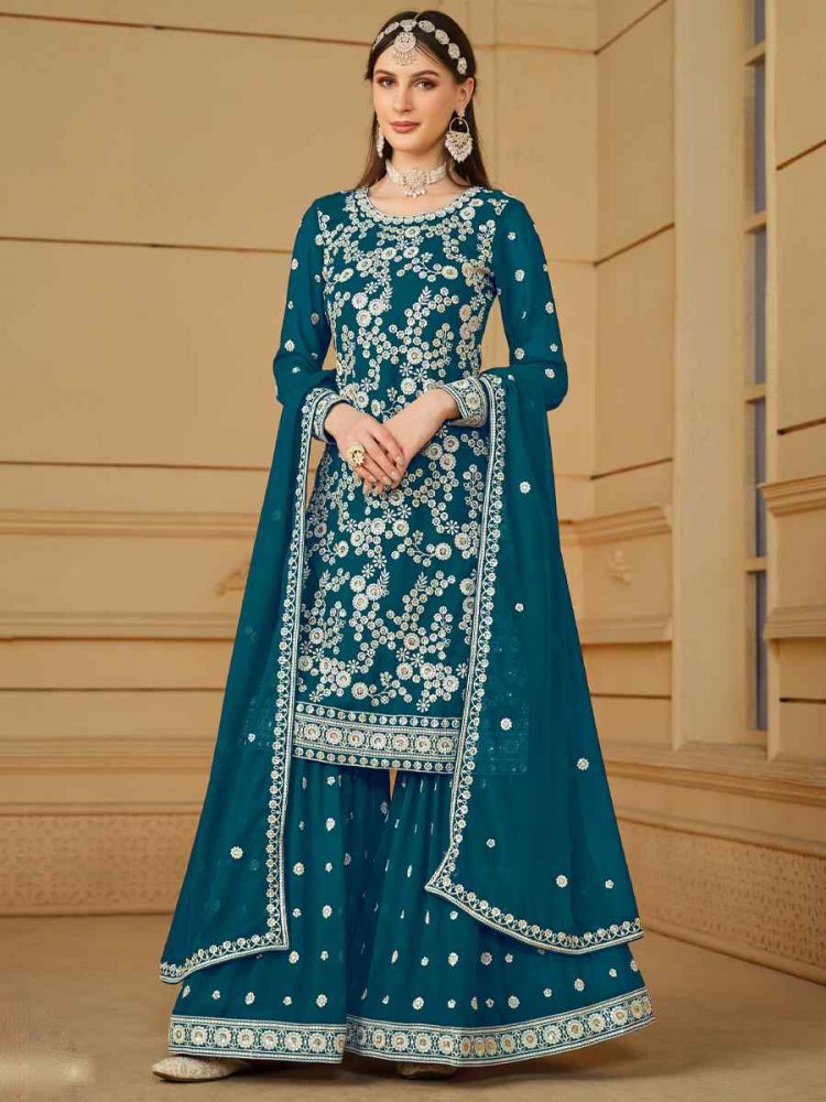 Blue Faux Georgette Embroidered Festival Wedding Palazzo Pant Salwar Kameez
