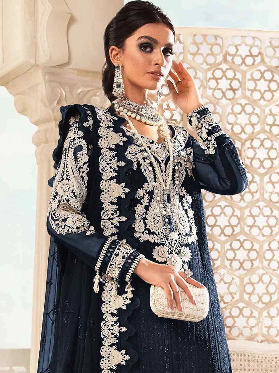 Blue Faux Georgette Embroidered Festival Wedding Palazzo Pant Salwar Kameez