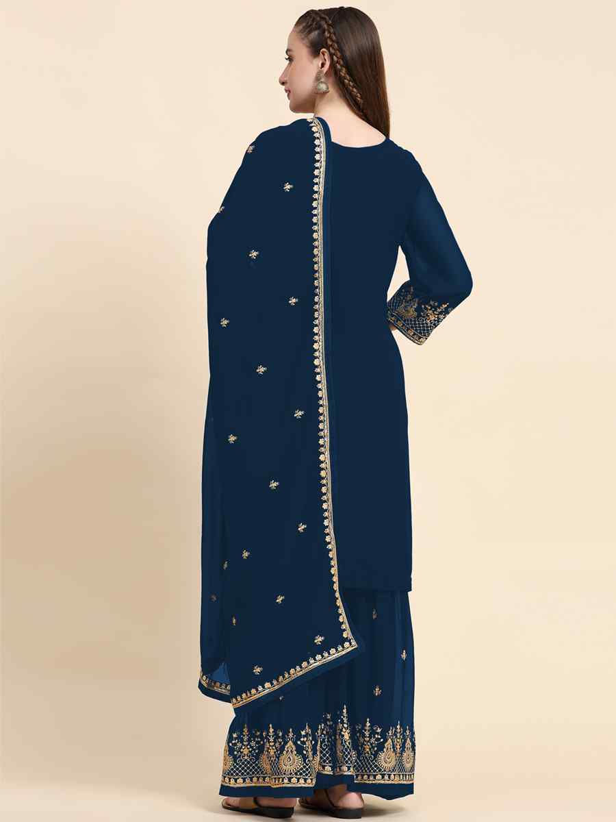 Blue Faux Georgette Embroidered Festival Wedding Palazzo Pant Salwar Kameez
