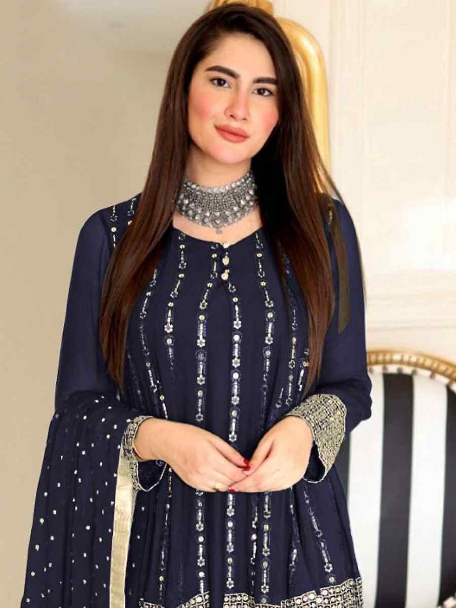 Blue Faux Georgette Embroidered Festival Wedding Palazzo Pant Salwar Kameez