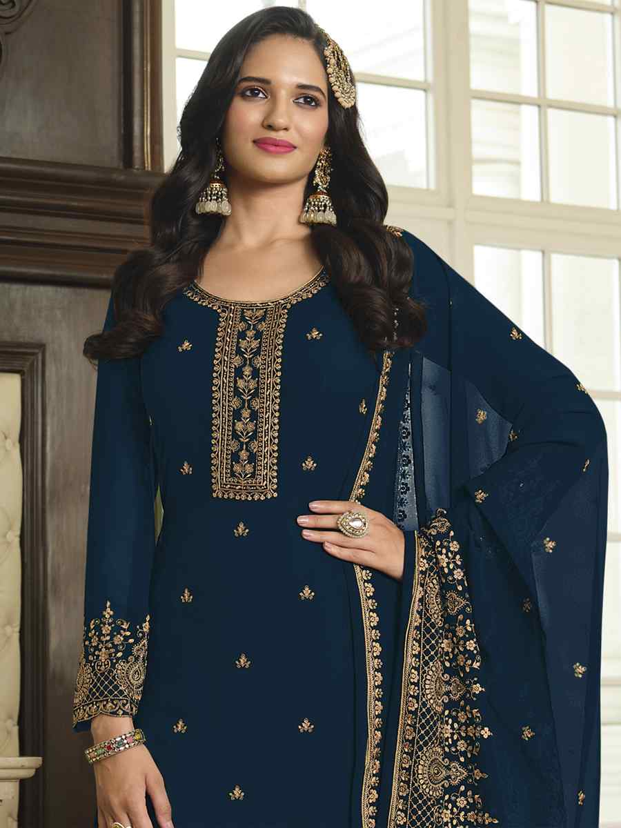 Blue Faux Georgette Embroidered Festival Wedding Palazzo Pant Salwar Kameez