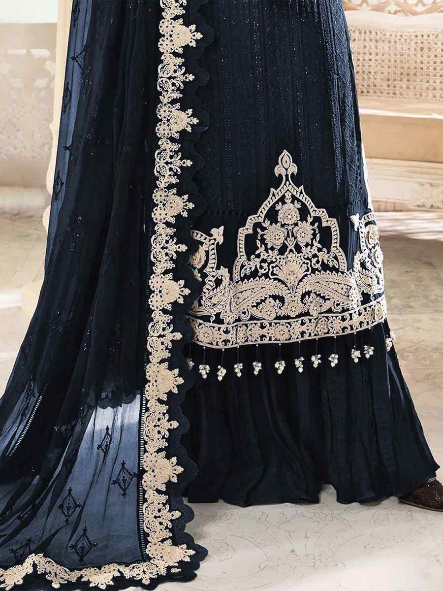 Blue Faux Georgette Embroidered Festival Wedding Palazzo Pant Salwar Kameez