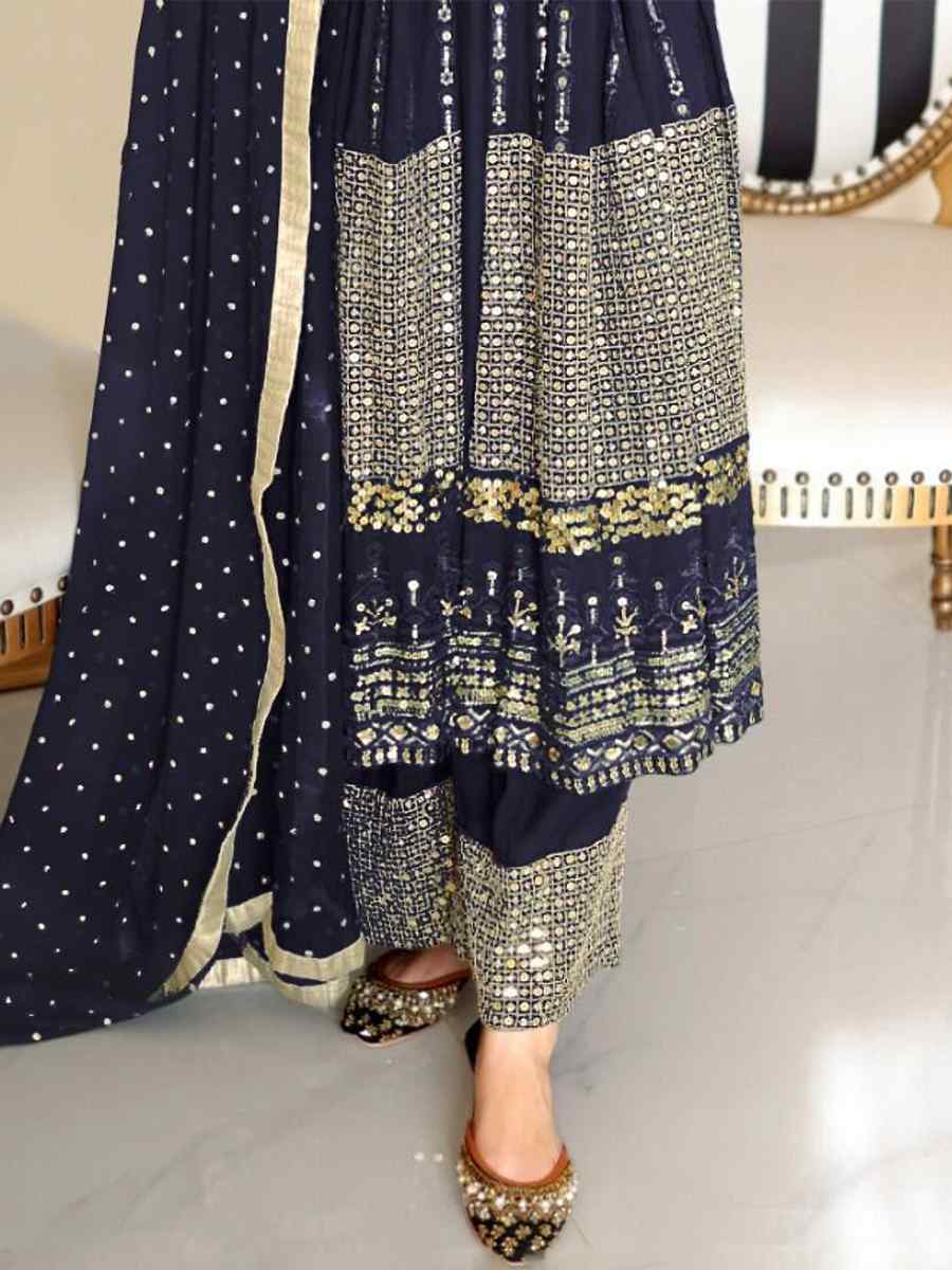Blue Faux Georgette Embroidered Festival Wedding Palazzo Pant Salwar Kameez