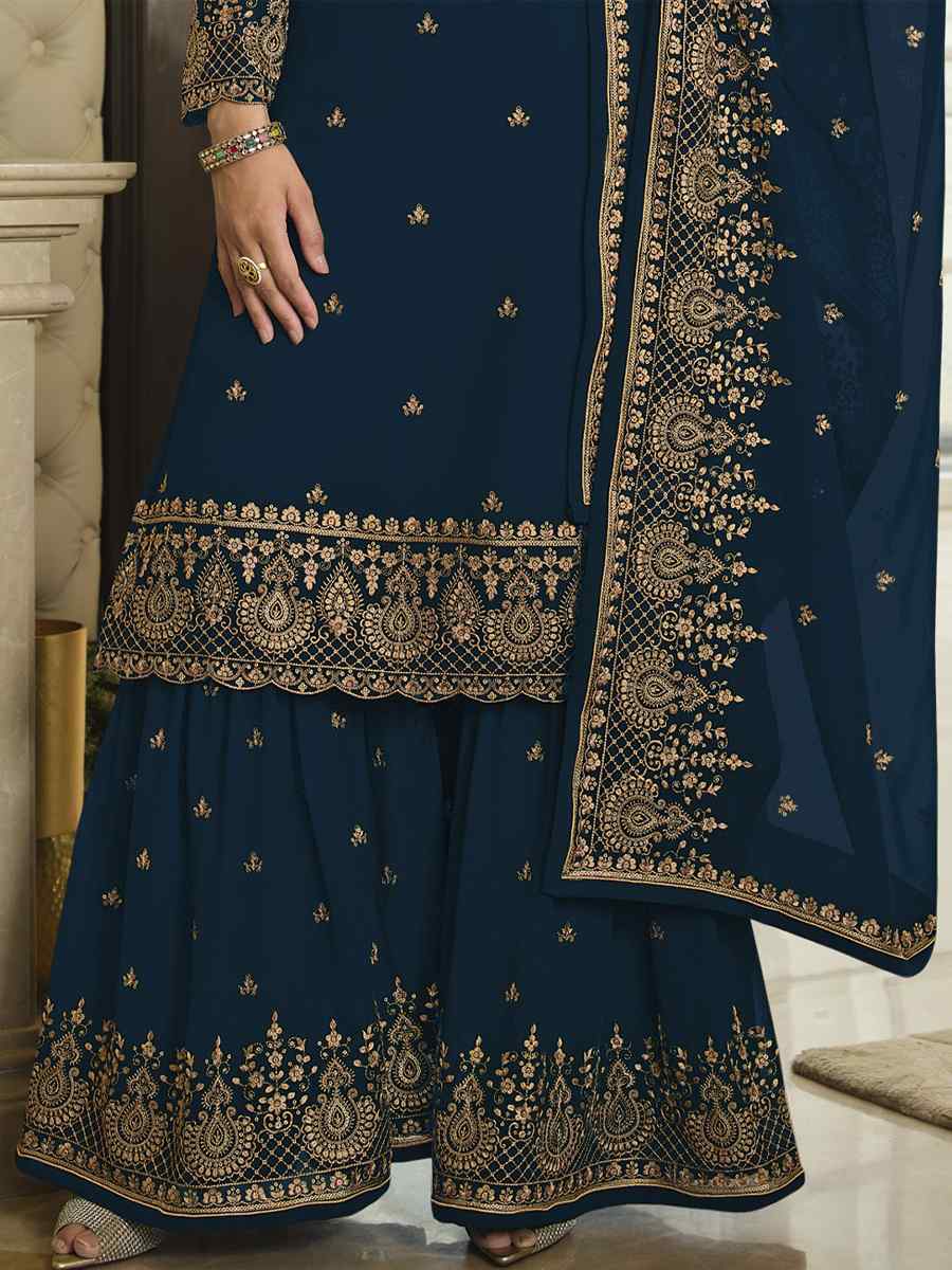 Blue Faux Georgette Embroidered Festival Wedding Palazzo Pant Salwar Kameez