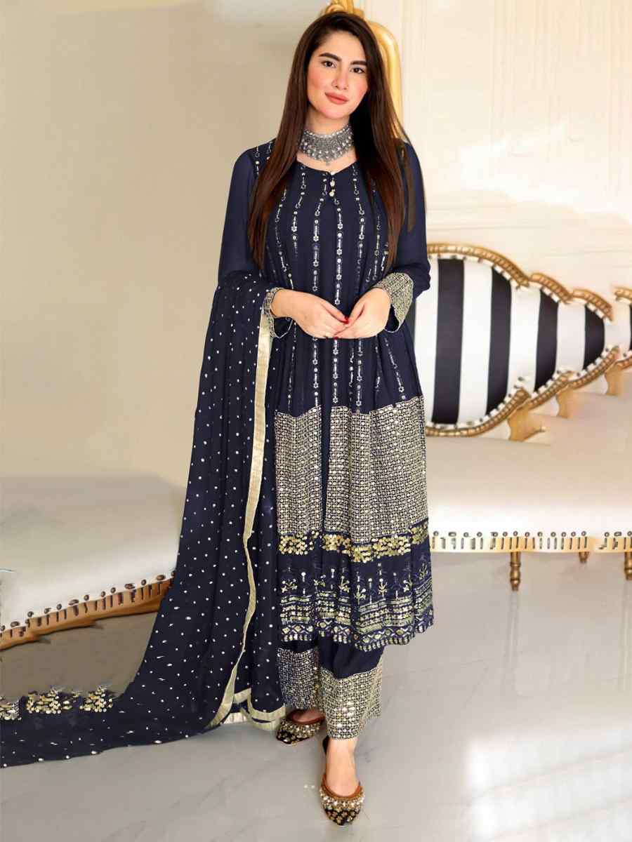 Blue Faux Georgette Embroidered Festival Wedding Palazzo Pant Salwar Kameez