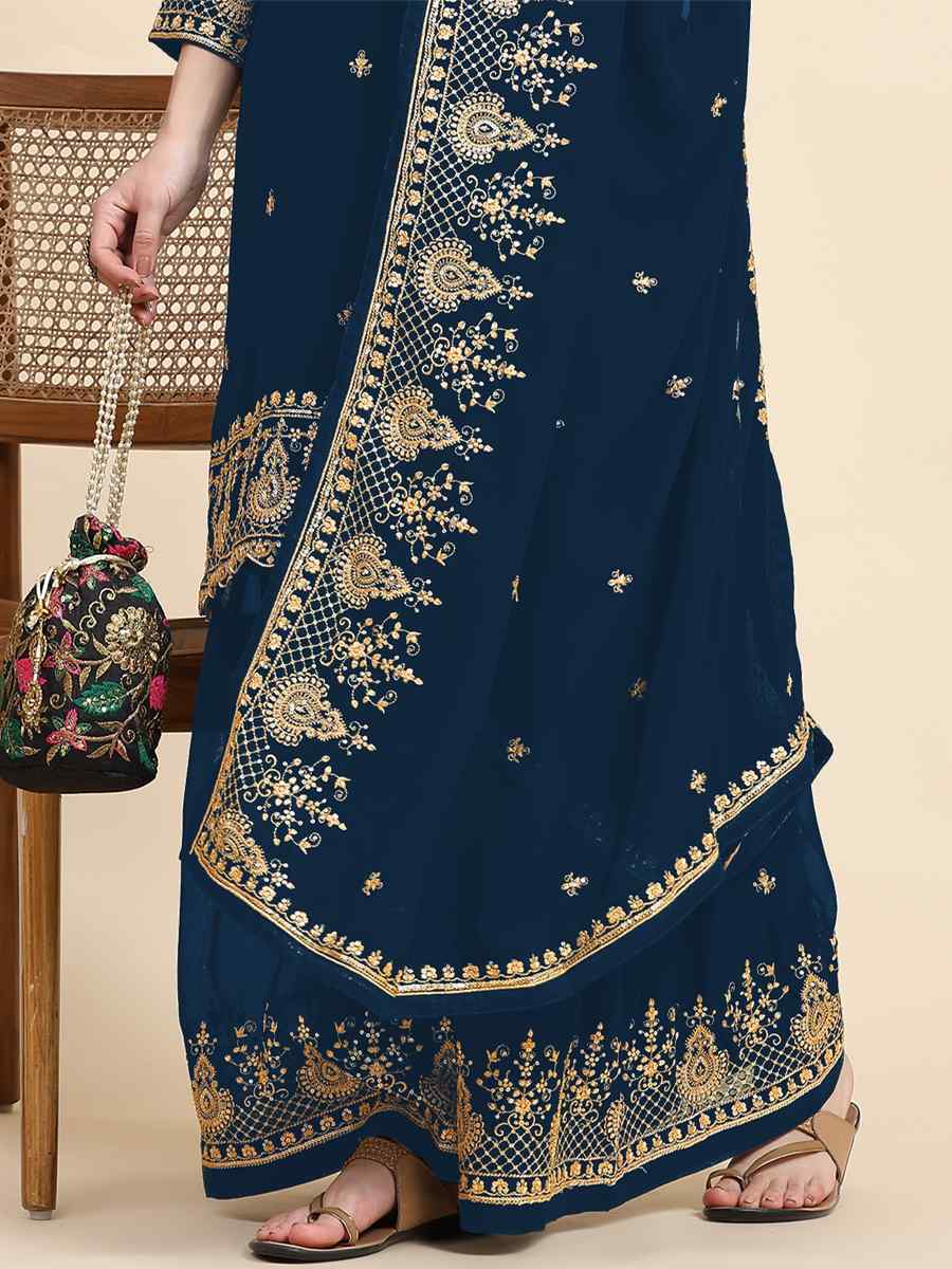 Blue Faux Georgette Embroidered Festival Wedding Palazzo Pant Salwar Kameez