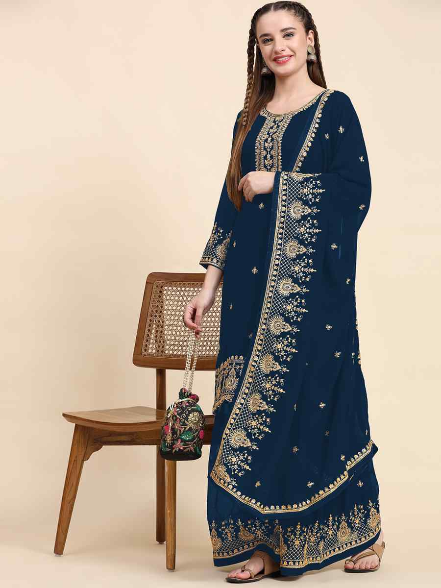 Blue Faux Georgette Embroidered Festival Wedding Palazzo Pant Salwar Kameez