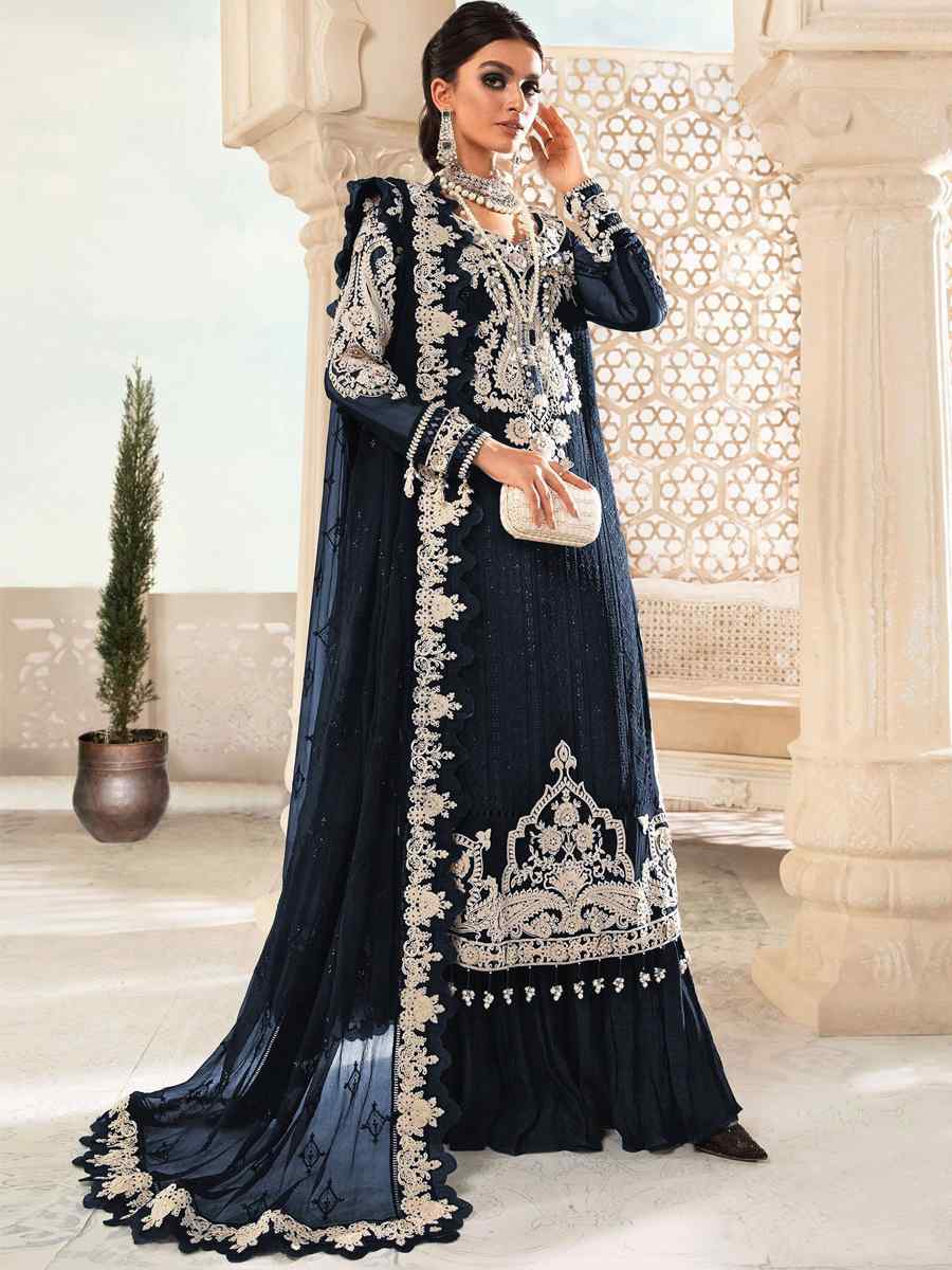 Blue Faux Georgette Embroidered Festival Wedding Palazzo Pant Salwar Kameez