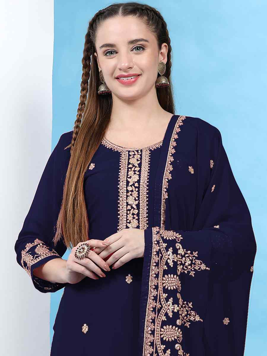 Blue Faux Georgette Embroidered Festival Wedding Palazzo Pant Salwar Kameez
