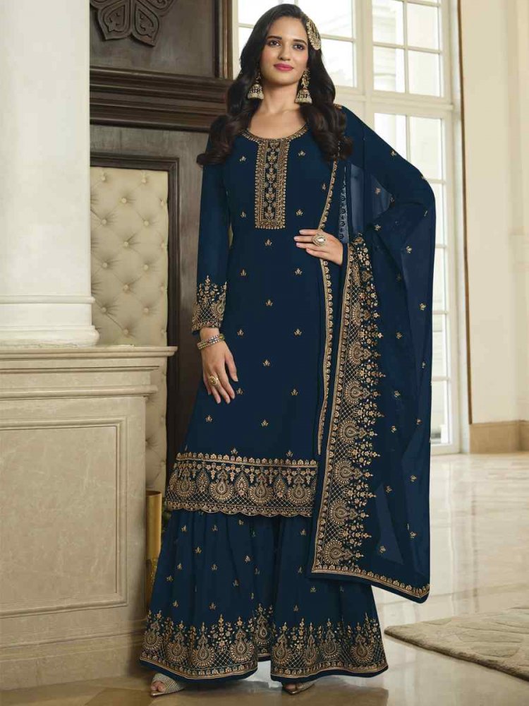 Blue Faux Georgette Embroidered Festival Wedding Palazzo Pant Salwar Kameez