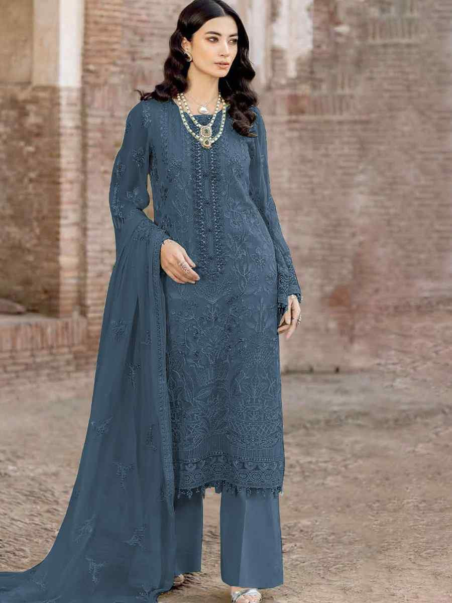 Blue Faux Georgette Embroidered Festival Wedding Pant Salwar Kameez