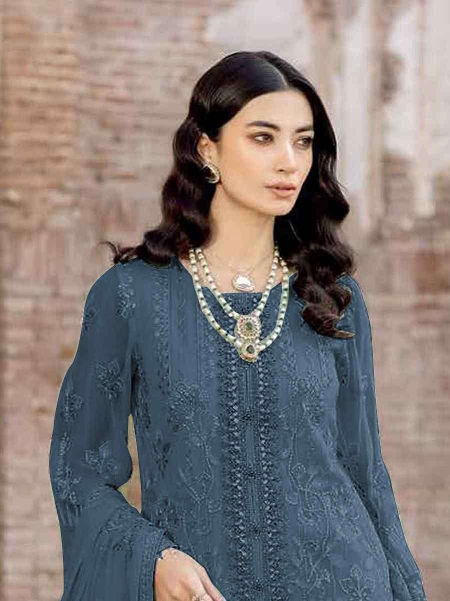 Blue Faux Georgette Embroidered Festival Wedding Pant Salwar Kameez