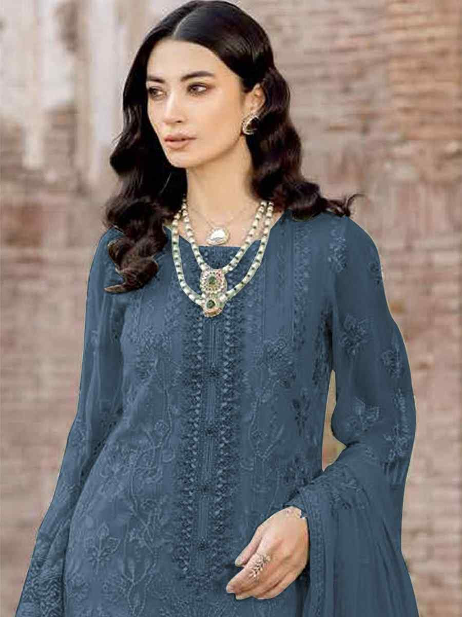 Blue Faux Georgette Embroidered Festival Wedding Pant Salwar Kameez