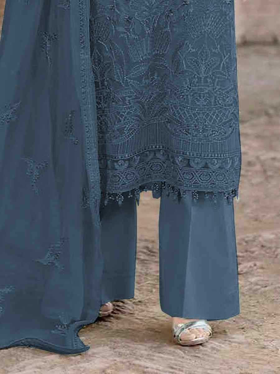 Blue Faux Georgette Embroidered Festival Wedding Pant Salwar Kameez