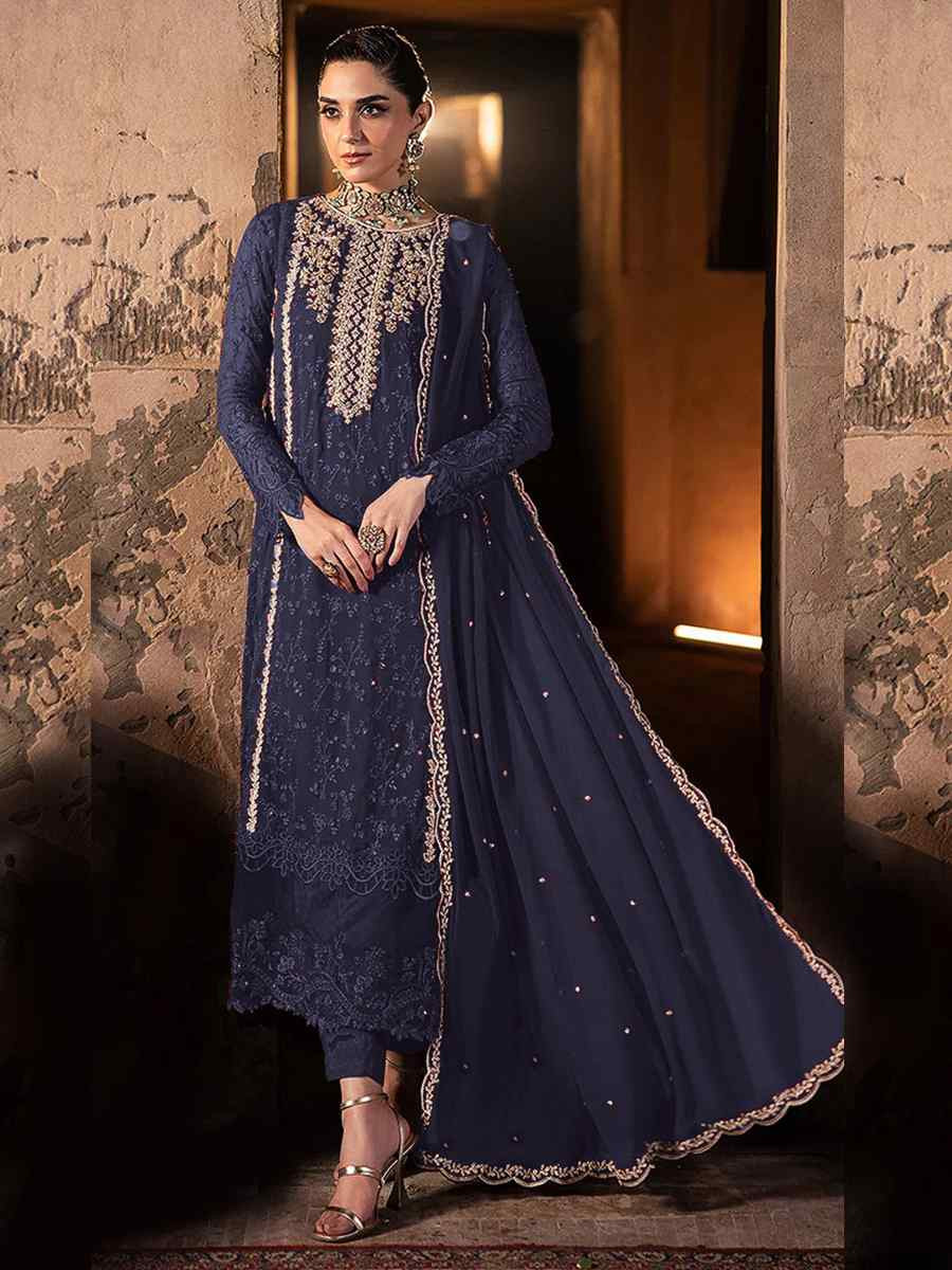 Blue Faux Georgette Embroidered Festival Wedding Pant Salwar Kameez