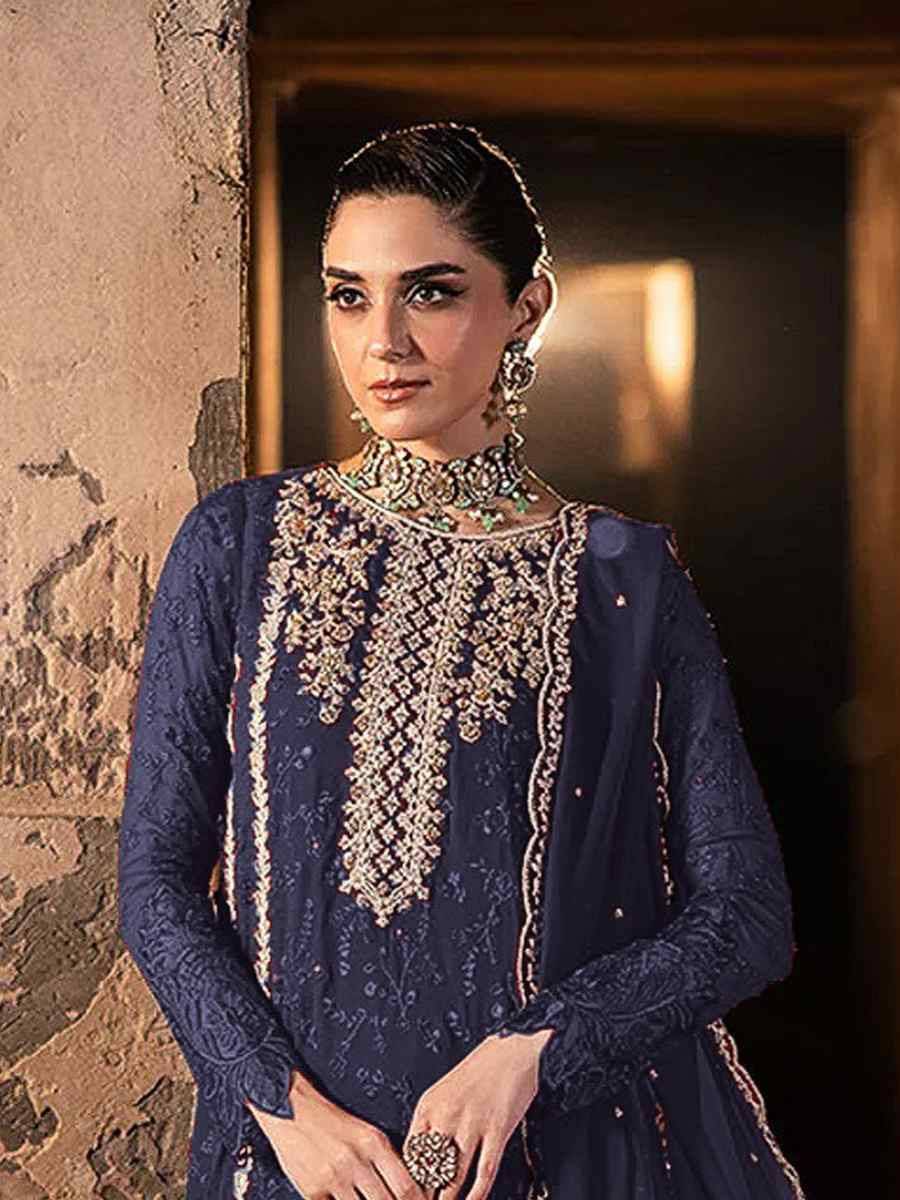 Blue Faux Georgette Embroidered Festival Wedding Pant Salwar Kameez