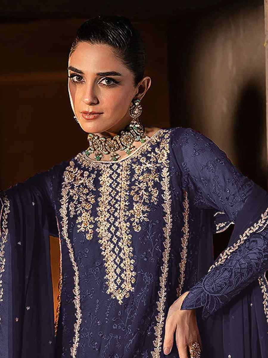 Blue Faux Georgette Embroidered Festival Wedding Pant Salwar Kameez