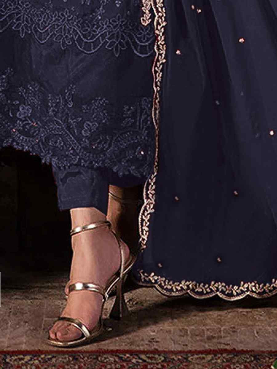 Blue Faux Georgette Embroidered Festival Wedding Pant Salwar Kameez