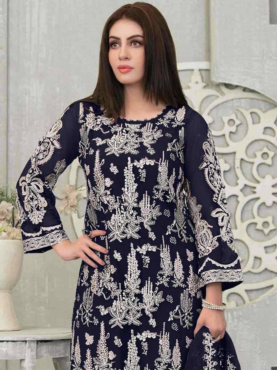 Blue Faux Georgette Embroidered Festival Wedding Pant Salwar Kameez