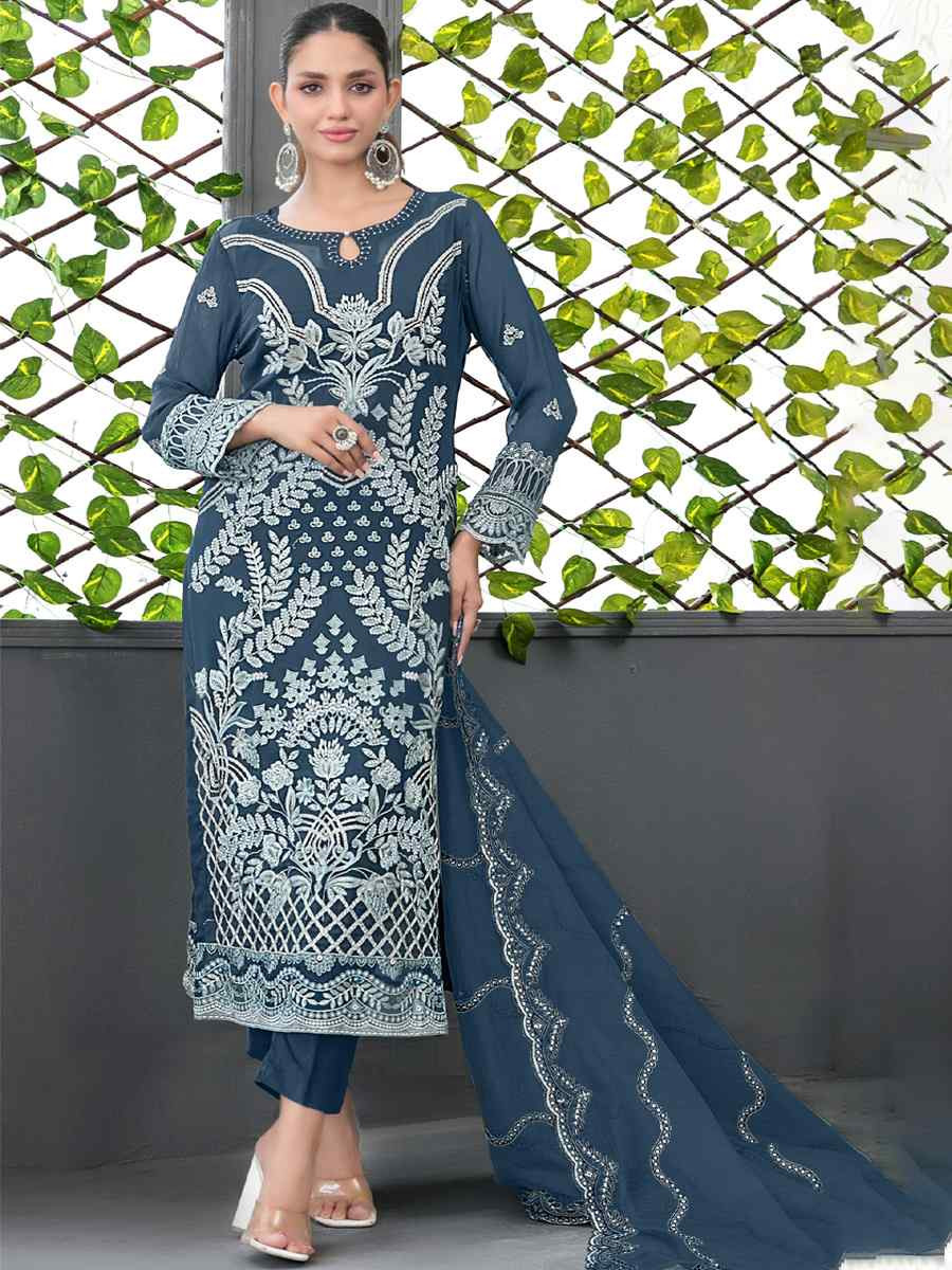 Blue Faux Georgette Embroidered Festival Wedding Pant Salwar Kameez
