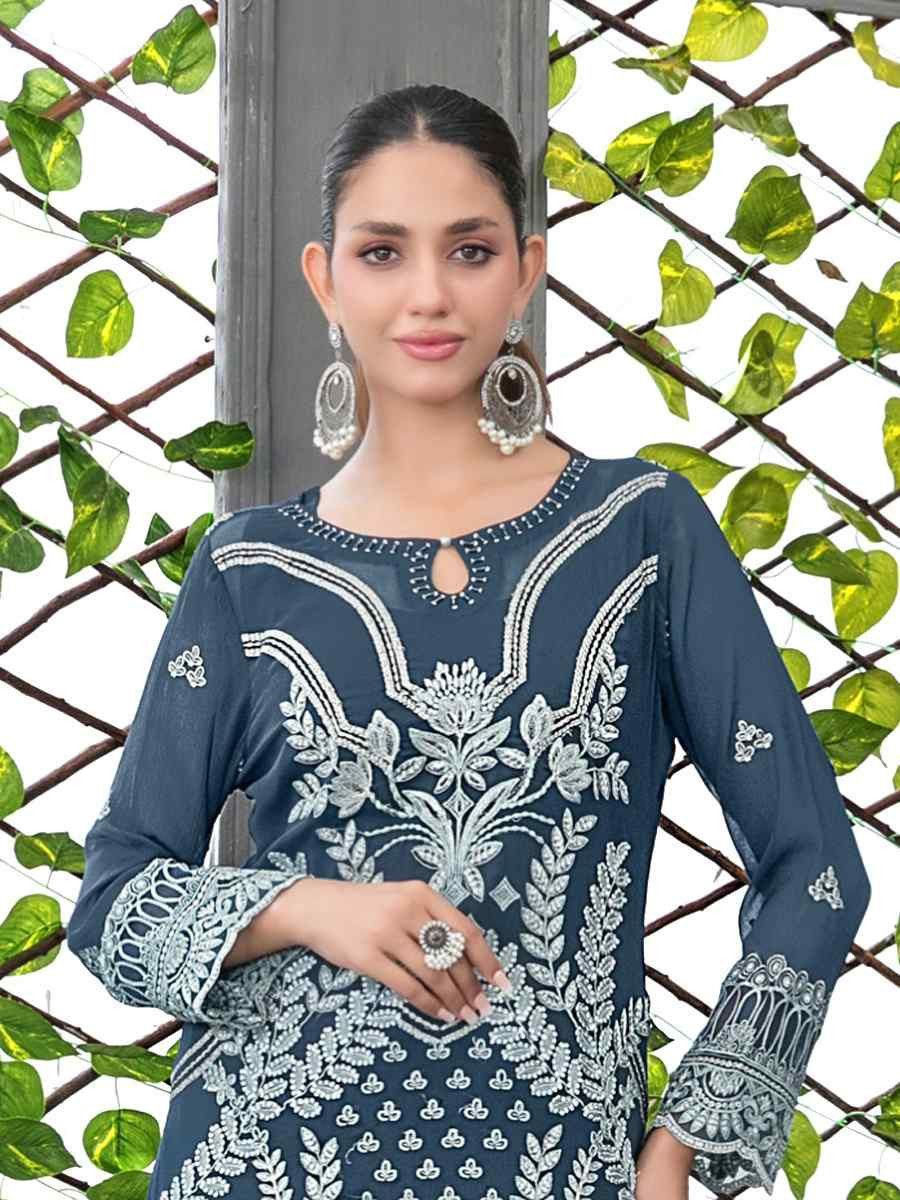 Blue Faux Georgette Embroidered Festival Wedding Pant Salwar Kameez