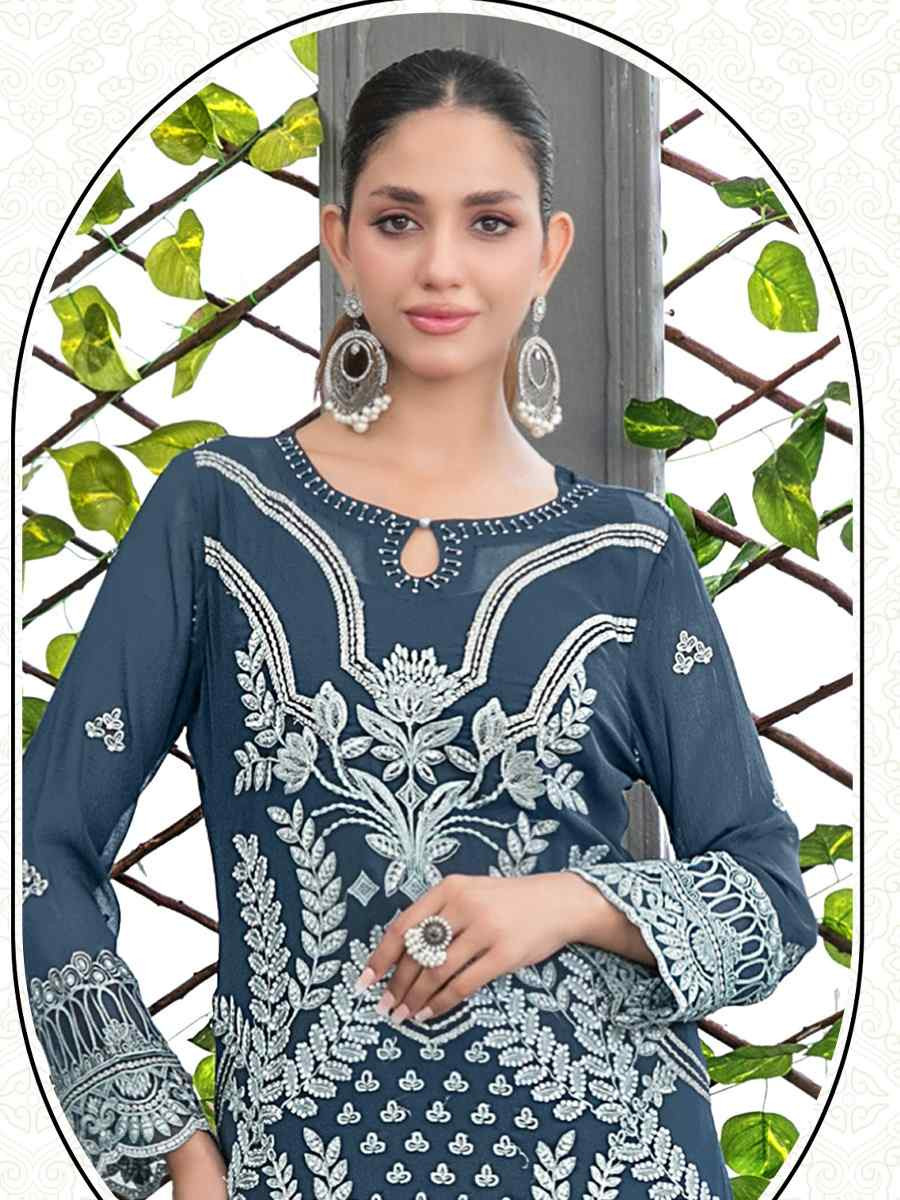 Blue Faux Georgette Embroidered Festival Wedding Pant Salwar Kameez