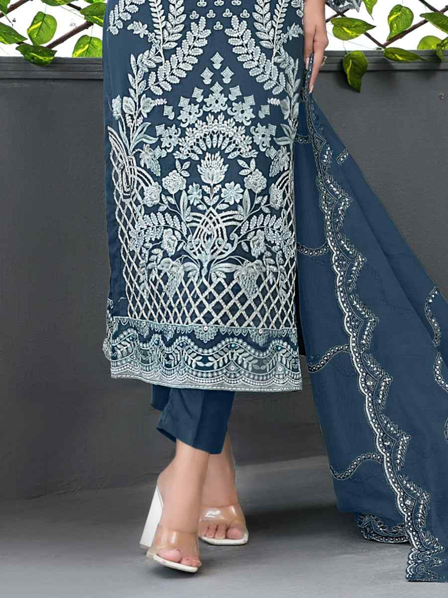 Blue Faux Georgette Embroidered Festival Wedding Pant Salwar Kameez