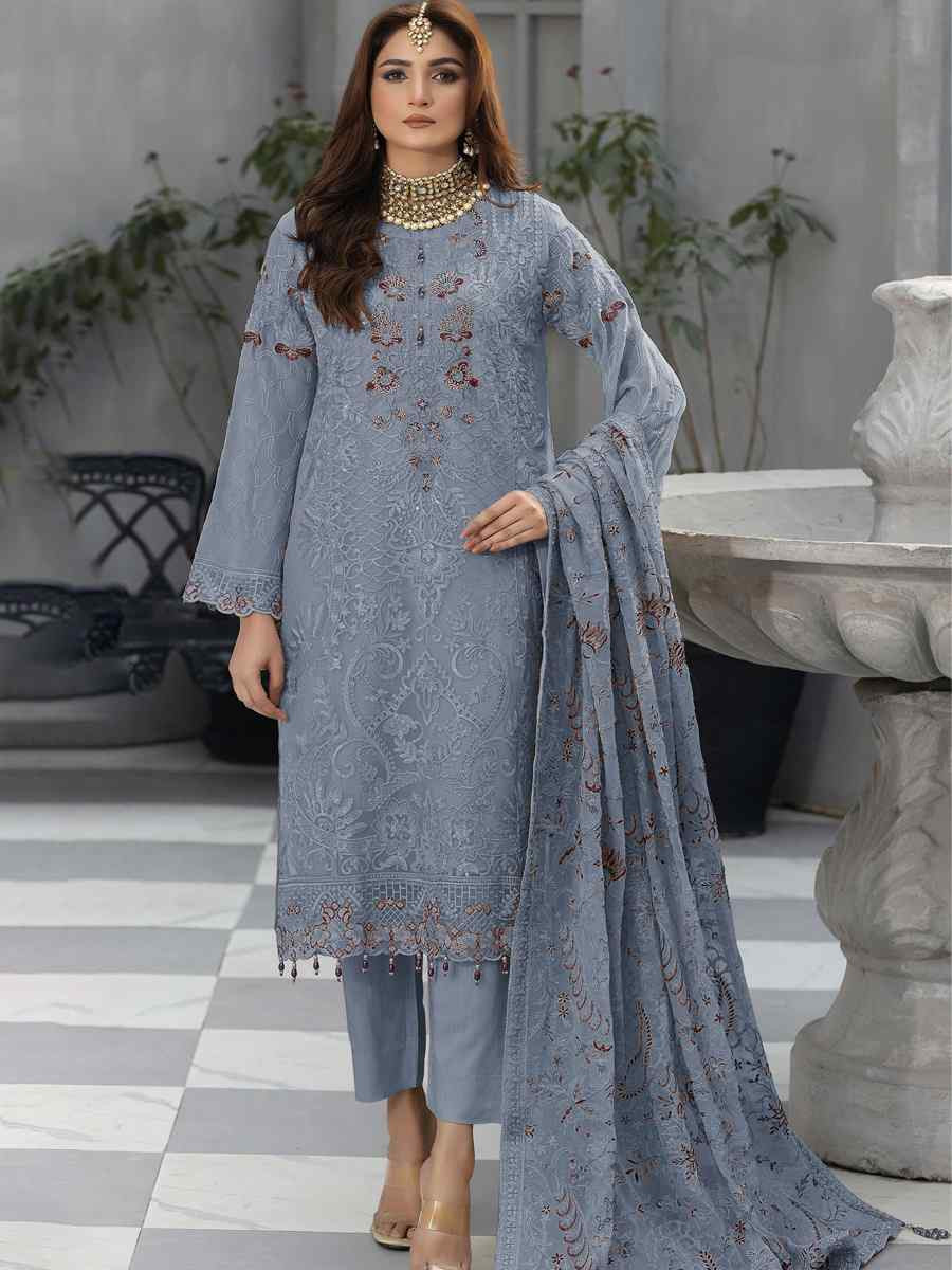 Blue Faux Georgette Embroidered Festival Wedding Pant Salwar Kameez
