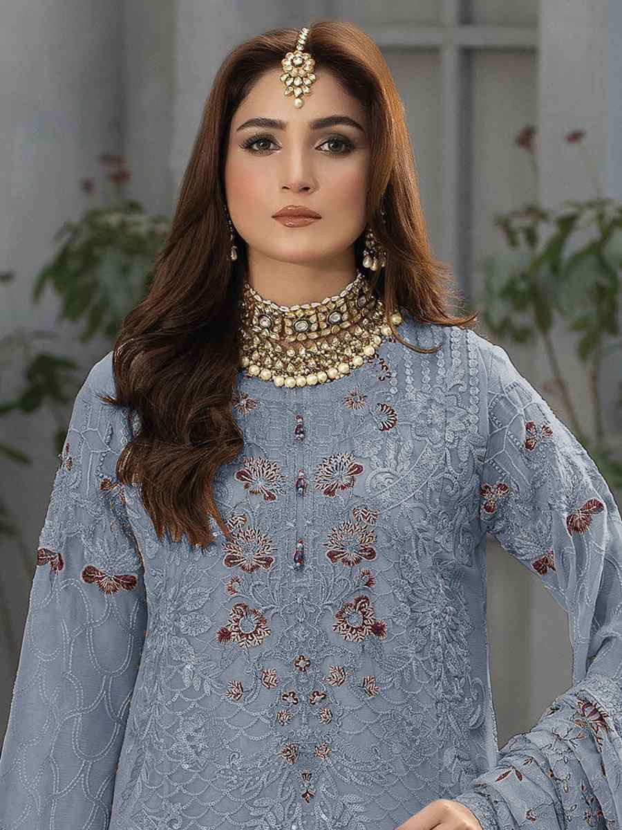 Blue Faux Georgette Embroidered Festival Wedding Pant Salwar Kameez