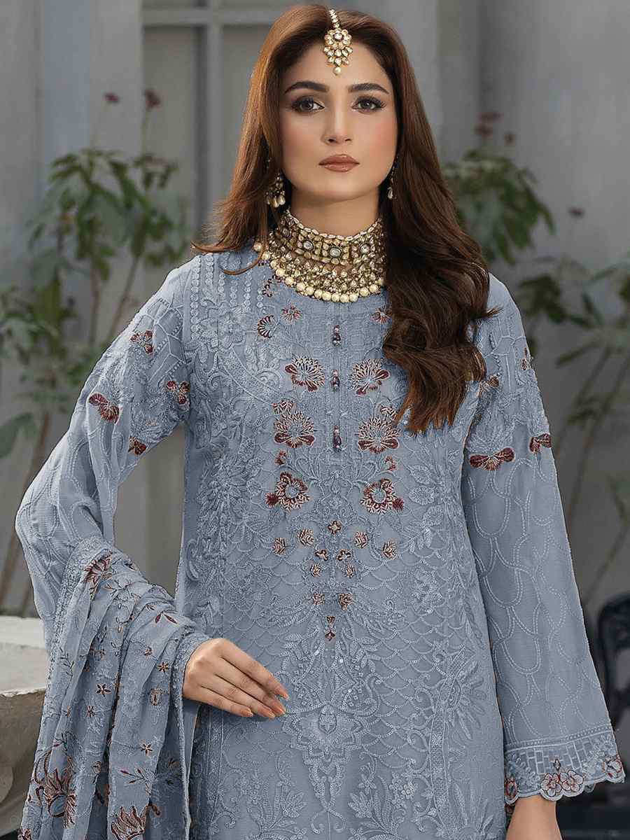 Blue Faux Georgette Embroidered Festival Wedding Pant Salwar Kameez